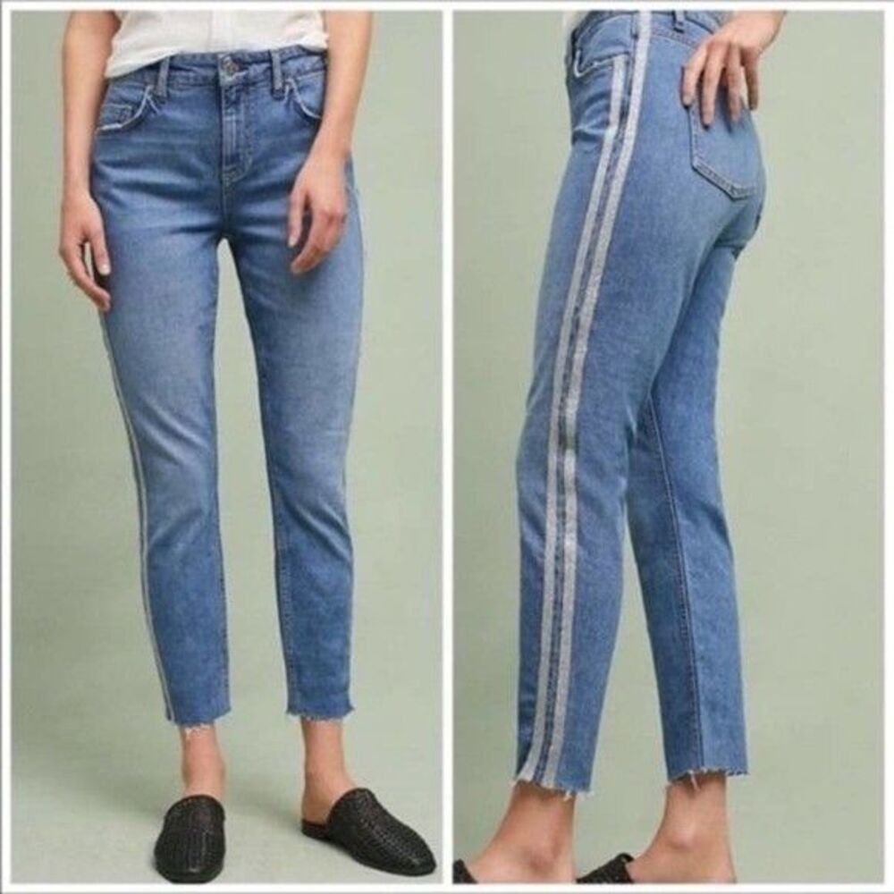 PILCRO Silver Striped Skinny Frayed Ankle Crop Stretch Denim Blue Jeans SIZE 31